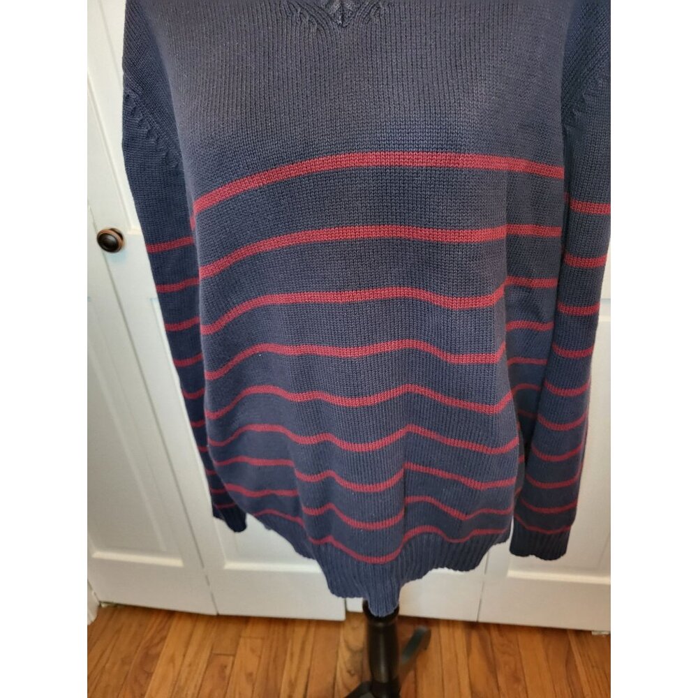 Men Lands' End Drifter Navy Burgundy Stripe V Neck Sweater XL Preppy Nautical - Picture 4 of 6